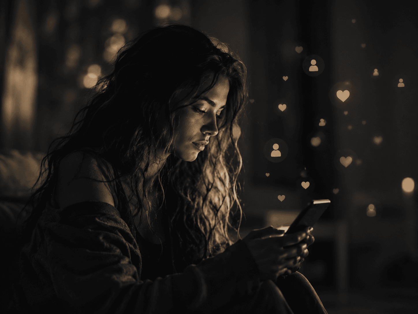 Woman surrounded by social notification pressure